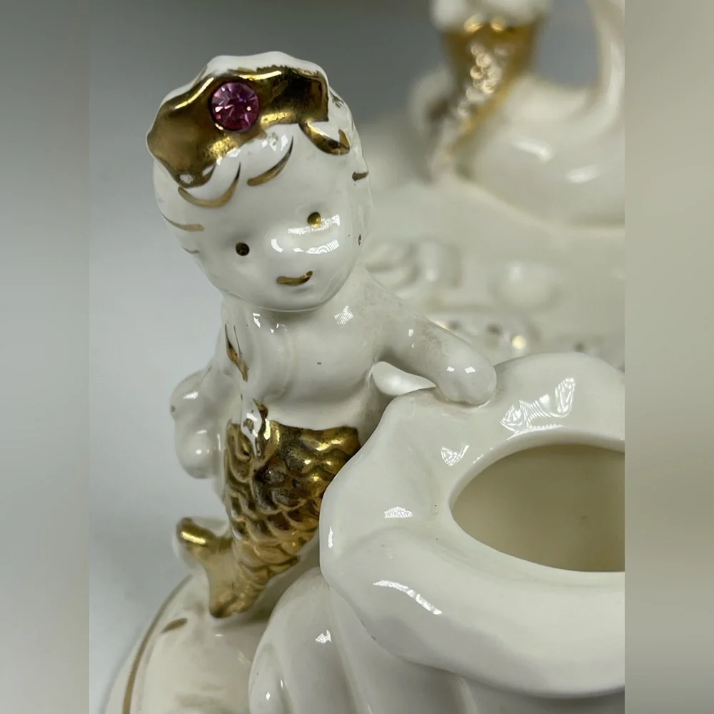 Vintage Napco Princess mermaid all ceramic 3 piece bathroom set Mid century RARE